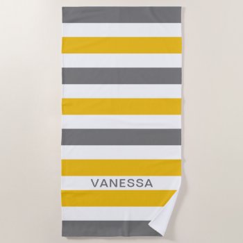 Yellow Gray And White Striped Name Cabana Stripe Beach Towel by InTrendPatterns at Zazzle