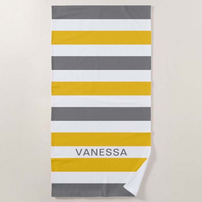 Yellow,Gray And White Striped Name Cabana Stripe Beach Towel (Front)
