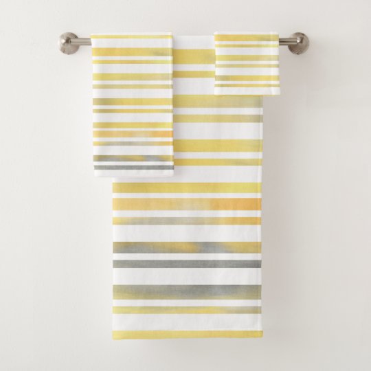Yellow Gray and White Stripes Bath Towel Set