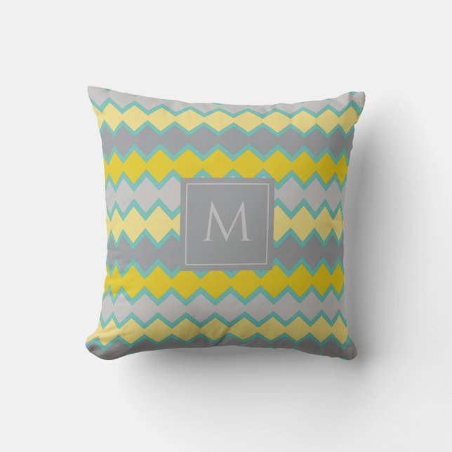 Yellow Gray Aqua Geometric Pattern Monogram  Throw Pillow (Front)