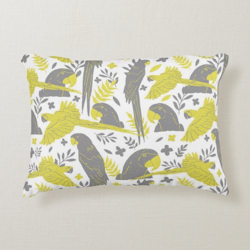 Yellow Gray Ara Parrot Drawing Tropical Pattern   Accent Pillow - Illuminating Yellow and Ultimate Gray Ara Parrot Drawing Tropical Pattern Accent Pillow. Hand-drawn ara and tropical leaves and flowers in trendy yellow and gray colors.