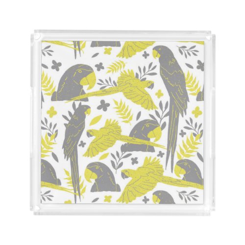 Yellow Gray Ara Parrot Drawing Tropical Pattern   Acrylic Tray - Illuminating Yellow and Ultimate Gray Ara Parrot Drawing Tropical Pattern Serving Tray. Hand-drawn ara and tropical leaves and flowers in trendy yellow and gray colors. Great for your summer garden parties.