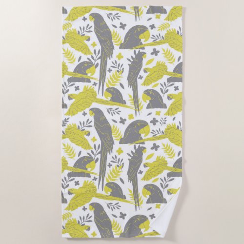 Yellow Gray Ara Parrot Drawing Tropical Pattern   Beach Towel - Illuminating Yellow and Ultimate Gray Ara Parrot Drawing Tropical Pattern Beach Towel. Hand-drawn ara and tropical leaves and flowers in trendy yellow and gray colors.