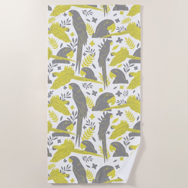 Yellow Gray Ara Parrot Drawing Tropical Pattern   Beach Towel (Front)