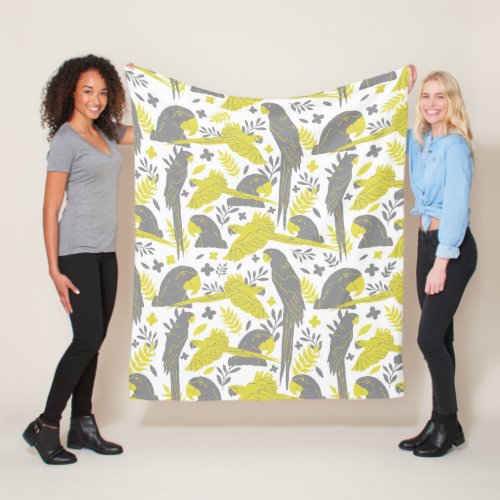 Yellow Gray Ara Parrot Drawing Tropical Pattern  Fleece Blanket - Illuminating Yellow and Ultimate Gray Ara Parrot Drawing Tropical Pattern Pillow. Hand drawn ara and tropical leaves and flowers in trendy yellow and gray colors.