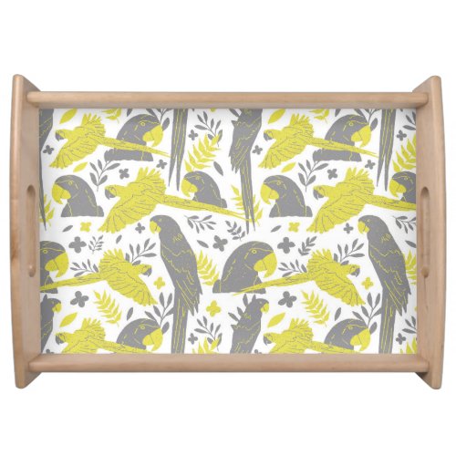 Yellow Gray Ara Parrot Drawing Tropical Pattern    Serving Tray - Illuminating Yellow and Ultimate Gray Ara Parrot Drawing Tropical Pattern  Serving Tray. Hand-drawn ara and tropical leaves and flowers in trendy yellow and gray colors. Great for your summer garden parties.