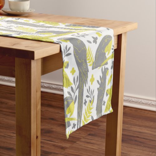 Yellow Gray Ara Parrot Drawing Tropical Pattern  Short Table Runner - Illuminating Yellow and Ultimate Gray Ara Parrot Drawing Tropical Pattern Table Runner. Hand-drawn ara and tropical leaves and flowers in trendy yellow and gray colors.