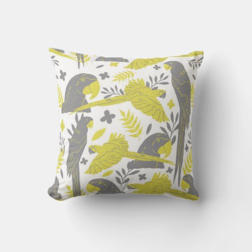 Yellow Gray Ara Parrot Tropical Pattern Throw Pillow - Illuminating Yellow and  Ultimate Gray Ara Parrot Tropical Pattern Pillow. Hand drawn ara and tropical leaves and flowers in trendy yellow and gray colors.