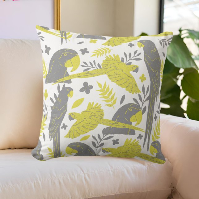 Yellow Gray Ara Parrot Tropical Pattern Throw Pillow (Creator Uploaded)