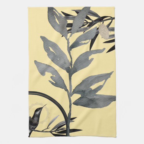 Yellow  Gray Artistic Watercolor Leaves Kitchen Towel