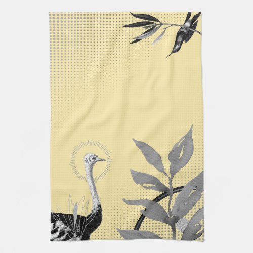 Yellow  Gray Artistic Watercolor Leaves Ostrich Kitchen Towel