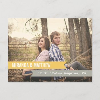 Yellow & Gray Banners  Save The Date Post Card by AllyJCat at Zazzle