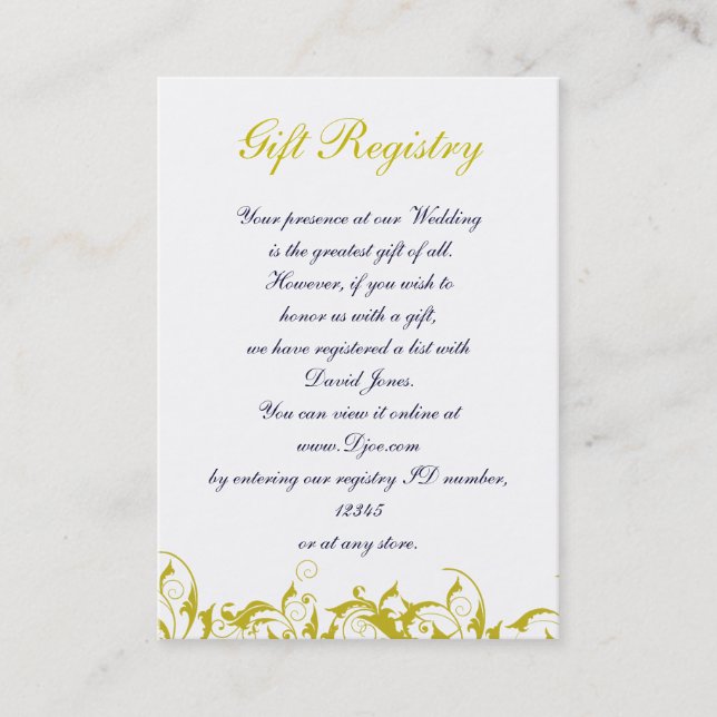 yellow gray Baroque Wedding Business Card (Front)