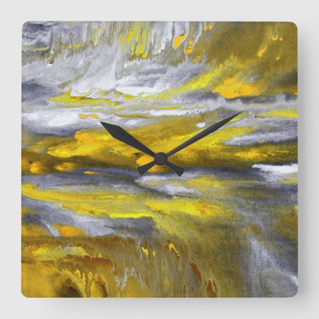 Yellow Gray Black Abstract Square Wall Clock (Front)