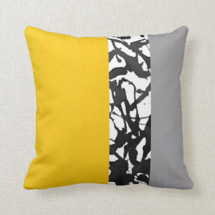 Yellow Gray Black and White Abstract Modern Throw Pillow