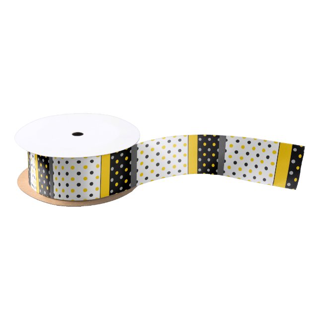 Yellow Gray Black and White Polka Dot Modern Satin Ribbon (Spool)