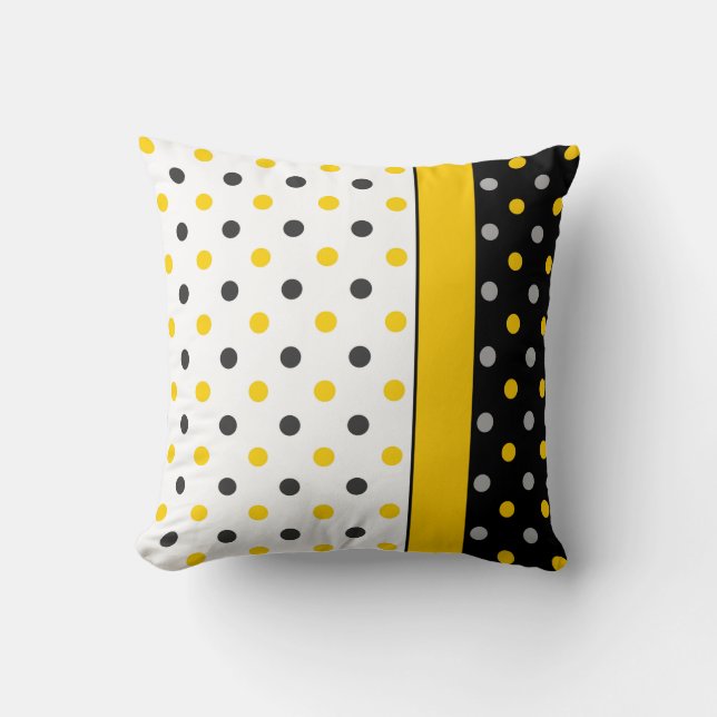 Yellow, Gray, Black and White Polka Dot Modern Throw Pillow (Front)