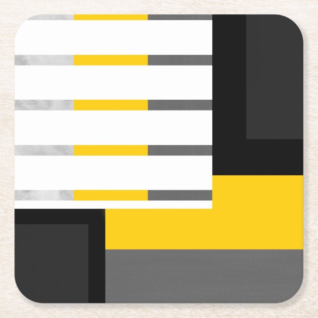 Yellow Gray Black and White Striped Block Square Paper Coaster (Front)