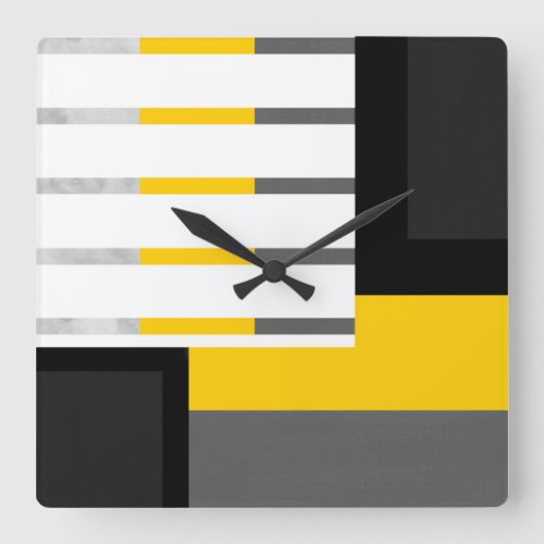 Yellow Gray Black and White Striped Block Square Wall Clock