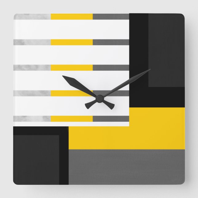 Yellow Gray Black and White Striped Block Square Wall Clock (Front)