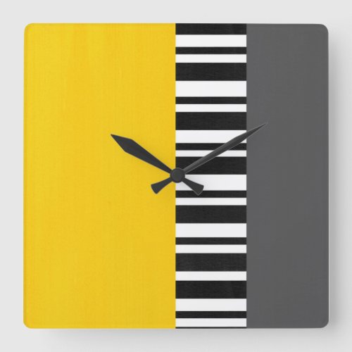Yellow Gray Black and White Striped Modern Square Wall Clock
