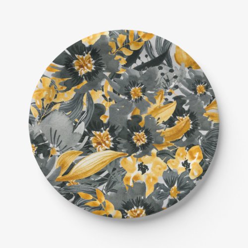 Yellow Gray Black Floral Watercolor Modern For Her Paper Plates
