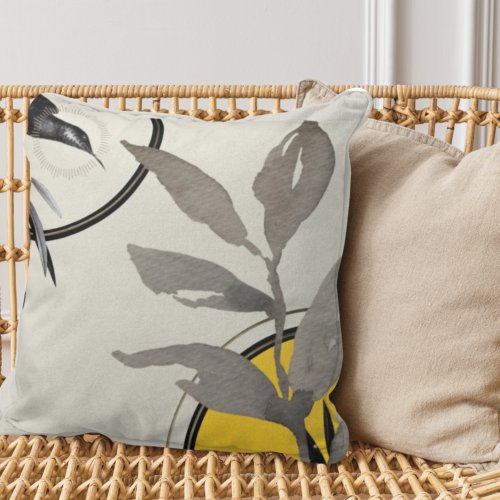 Yellow Gray Black  Gold Watercolor Leaves Throw Pillow