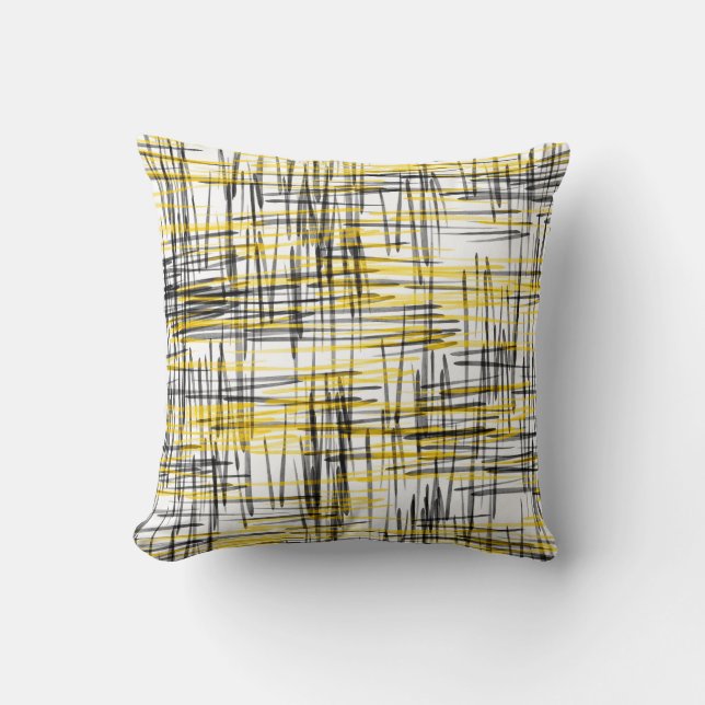 'Yellow Gray Black Scribbles' Abstract Watercolor Throw Pillow (Front)