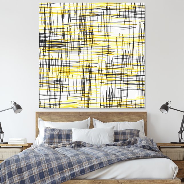 'Yellow Gray Black Scribbles' Watercolor Abstract Canvas Print (Insitu(Bedroom))