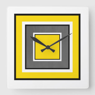 Yellow Gray Black Squares Square Wall Clock