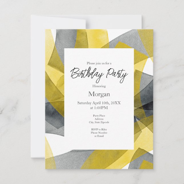 Yellow Gray Black Watercolor Abstract Brushstrokes Invitation (Front)