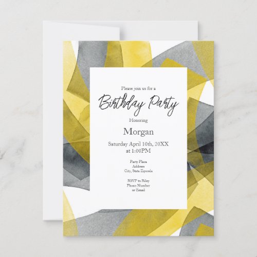 Yellow Gray Black Watercolor Abstract Brushstrokes Invitation