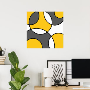 Yellow Gray Black White Abstract Circles Poster