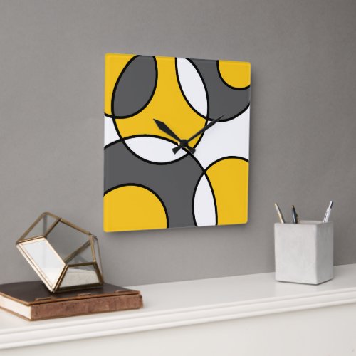 Yellow Gray Black White Abstract Circles  Square Wall Clock