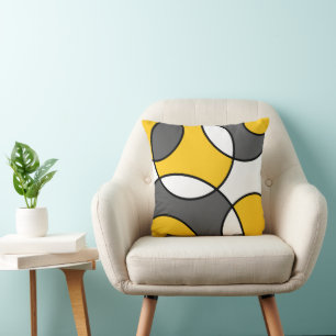 Yellow Gray Black White Abstract Circles Throw Pillow