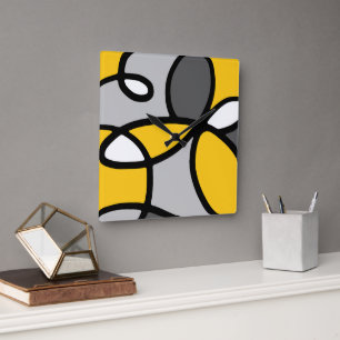 Yellow Gray Black White Abstract Square Wall Clock