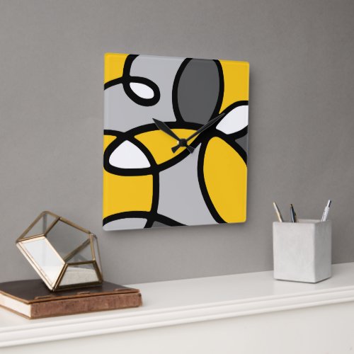 Yellow Gray Black White Abstract  Square Wall Clock