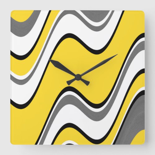 Yellow Gray Black White Abstract Waves Square Wall Clock