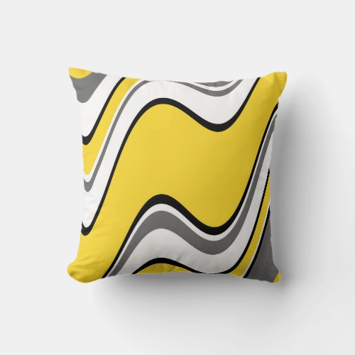 Yellow Gray Black White Abstract Waves Throw Pillow