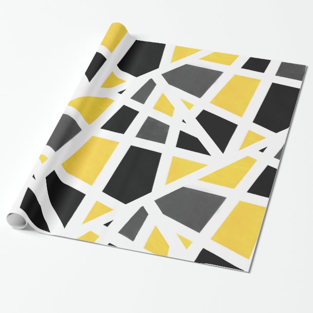 Yellow Gray Black White Geometric Abstract Wrapping Paper (Unrolled)