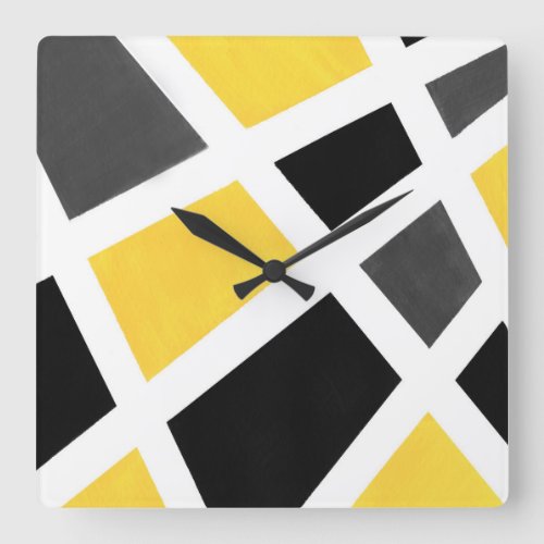 Yellow Gray Black White Geometric Square Wall Clock