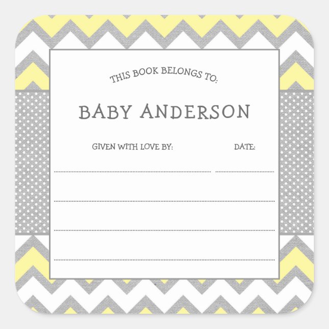 Yellow Gray Bookplate, baby's first library Square Sticker (Front)