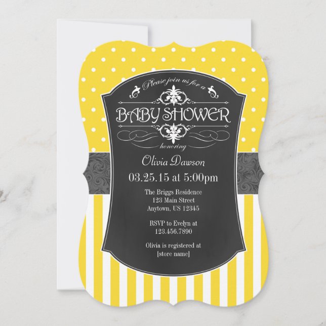 Yellow Gray Chalkboard Stripes Baby Shower Invite (Front)