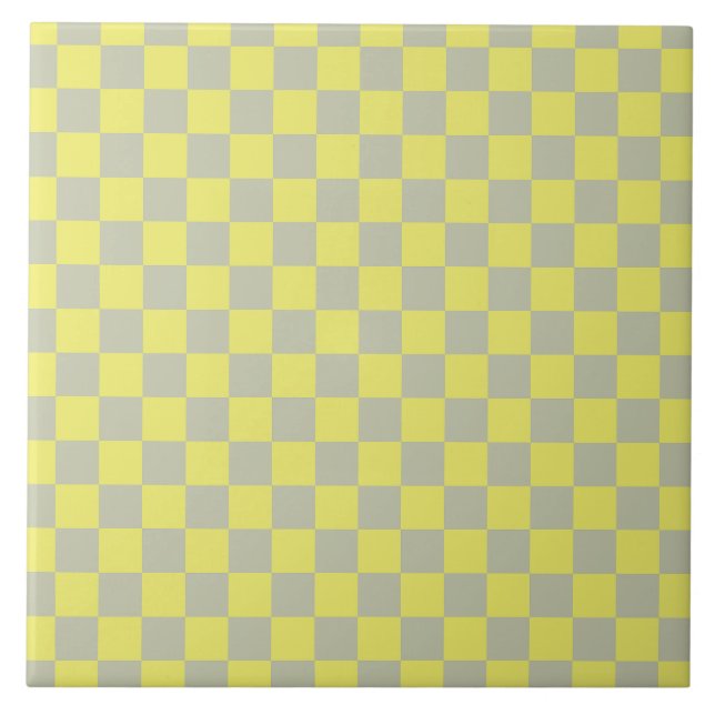 Yellow + Gray Check Checkered Checkerboard Pattern Ceramic Tile (Front)