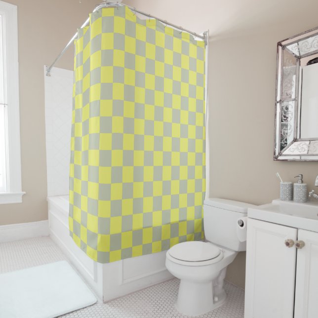 Yellow + Gray Check Checkered Checkerboard Pattern Shower Curtain (In Situ)