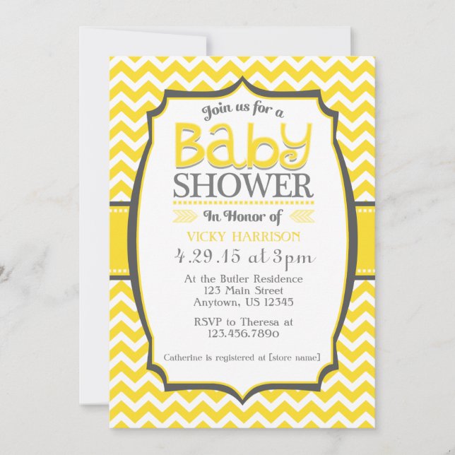 Yellow Gray Chevron Baby Shower Invitation (Front)