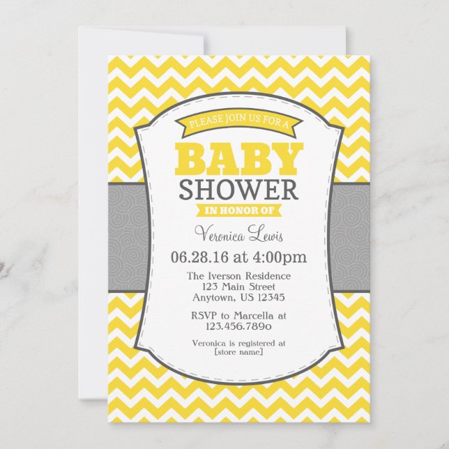 Yellow Gray Chevron Baby Shower Invitation (Front)