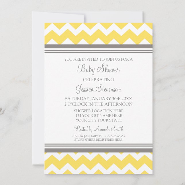 Yellow Gray Chevron Custom Baby Shower Invitations (Back)