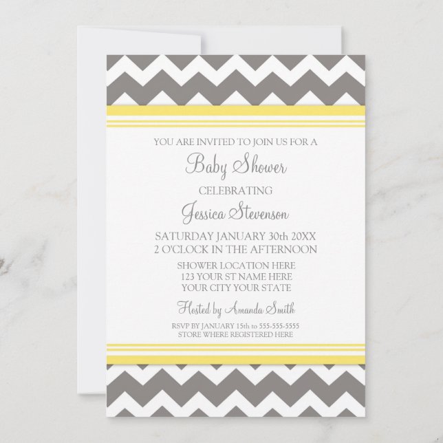 Yellow Gray Chevron Custom Baby Shower Invitations (Back)