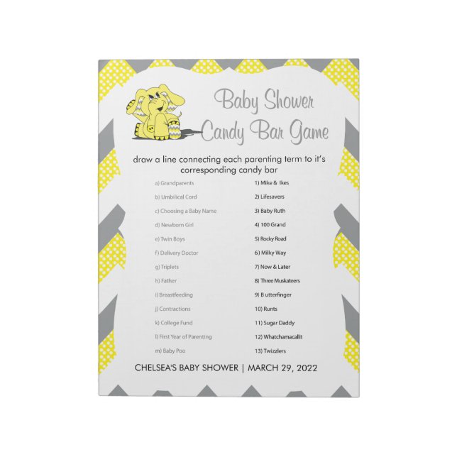 Yellow & Gray Chevron Elephant Baby Shower Game 2 Notepad (Rotated)